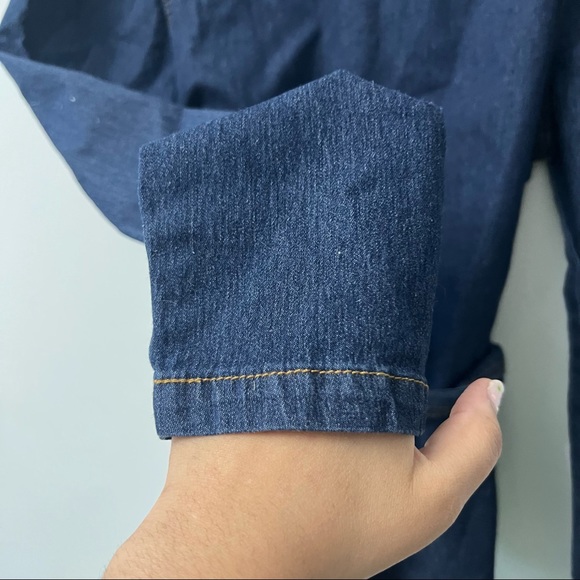 Dark Wash Denim Puff-Sleeve Long Belted Contrast Stitching Shirt Top Blouse Sz M - Picture 10 of 14